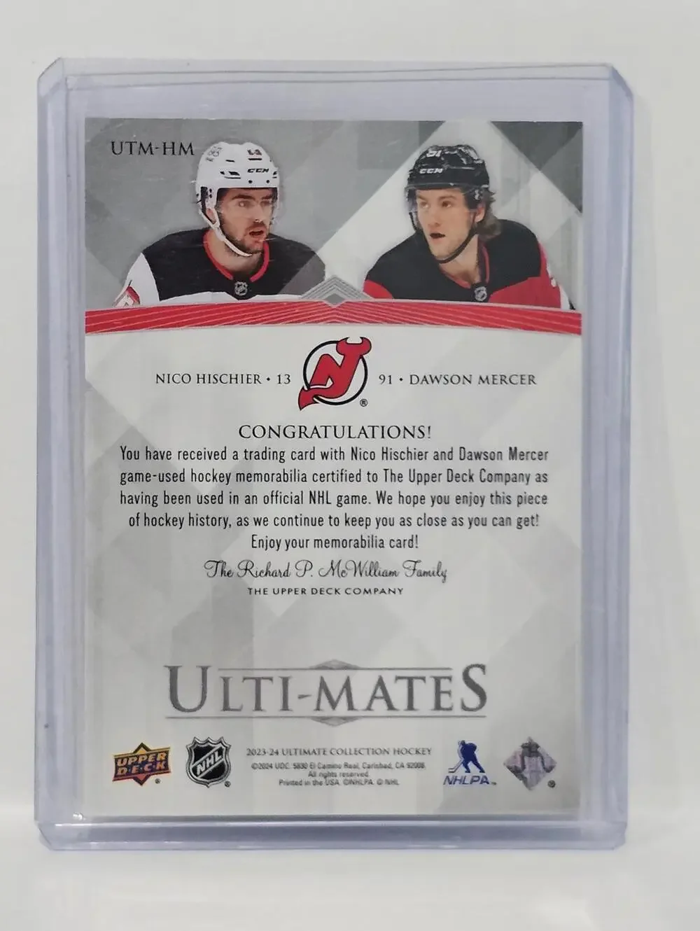 Nico Hischier & Dawson Mercer Upper Deck Ultimates Memorabilia Card